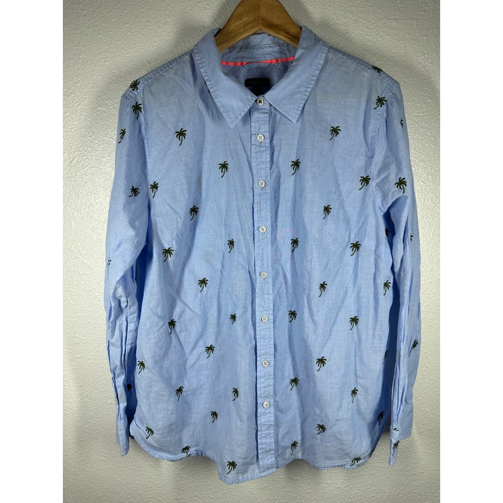 Talbots Button Down Shirt Womens XL Blue Palm Tree Embroidered Linen Blend Top